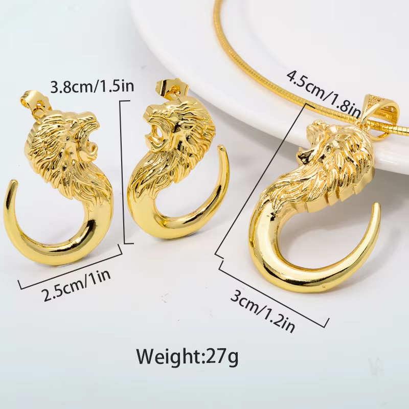 Ensembles de bijoux ensoleillés Hip Hop tête de Lion conception exagérée boucles d'oreilles pendentif collier femmes cuivre plaqué or de haute qualité