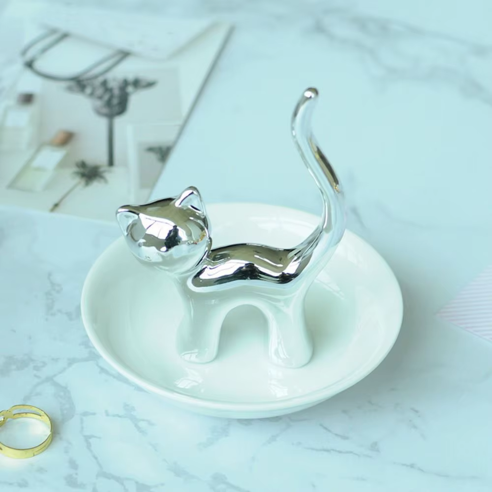 Nouveau porte-anneau de chat en céramique or argent présentoir de bijoux support