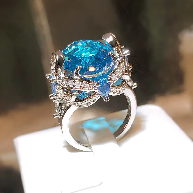 Bague de Luxe en Argent 925 Bleu Clair pour Femme