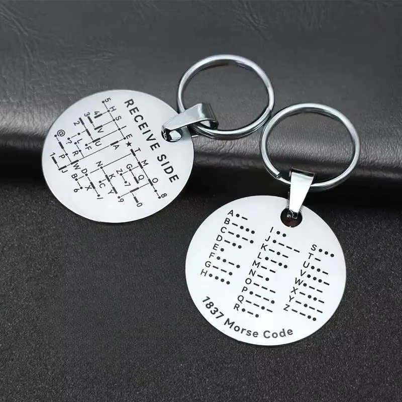 Porte-clés double face en acier inoxydable avec code Morse pour chien