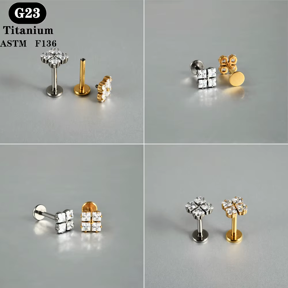 1 PC ASTM F136 titane Zircon dos plat boucle d'oreille fleur clous