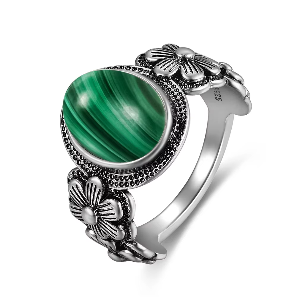 Bague vintage en argent sterling S925 avec malachite