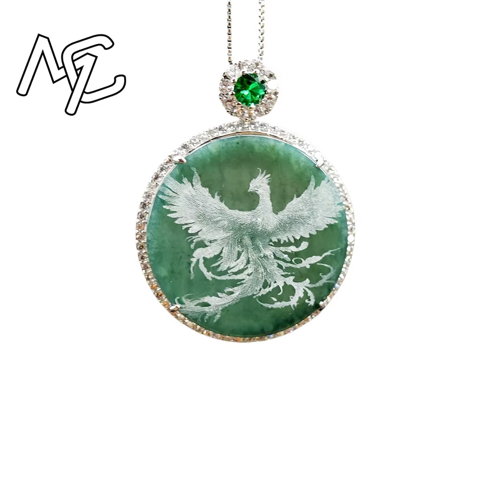 Collier pendentif Phénix en argent S925 avec émeraude naturelle véritable sculptée