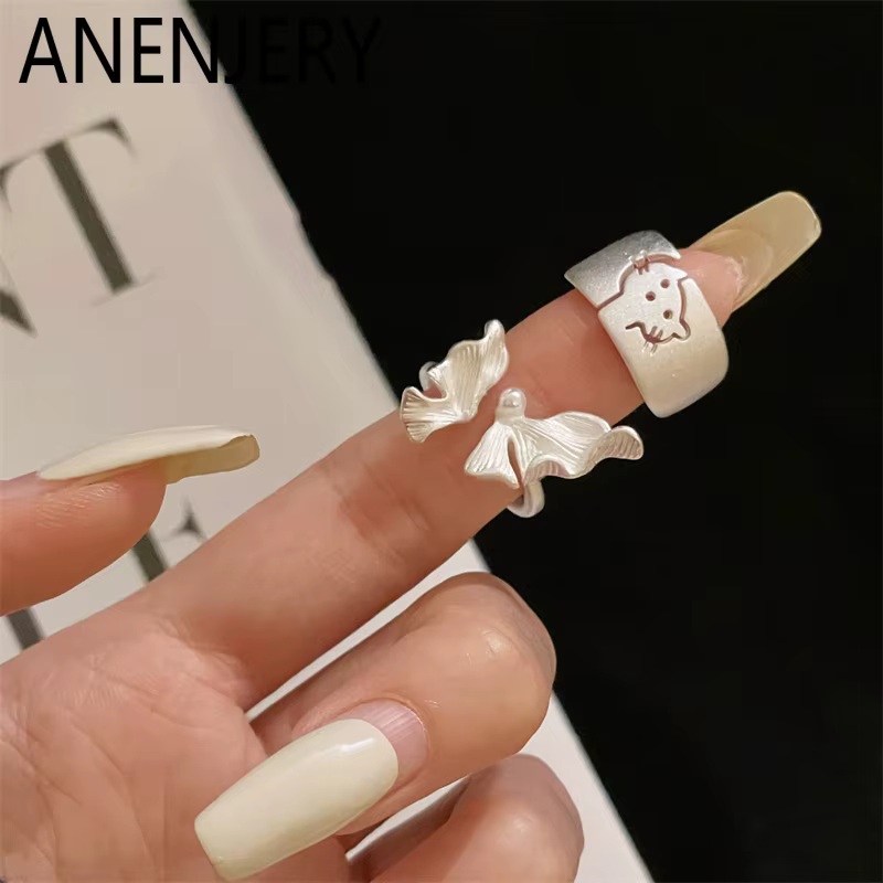 ANENJERY Bague ouverte en forme de papillon géométrique avec perle pour femme