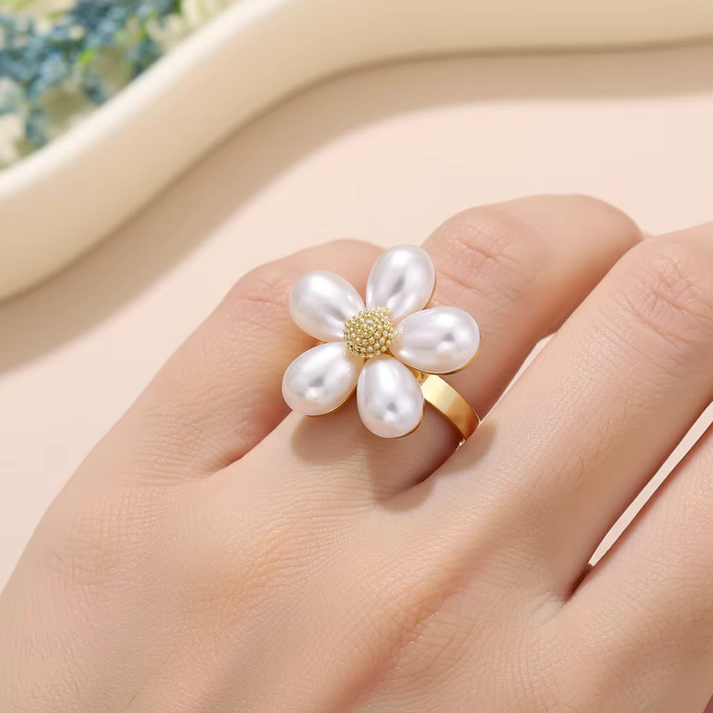 Bague élégante en perles et fleurs pour femme - Bijou ajustable plaqué or - Cadeau idéal pour elle