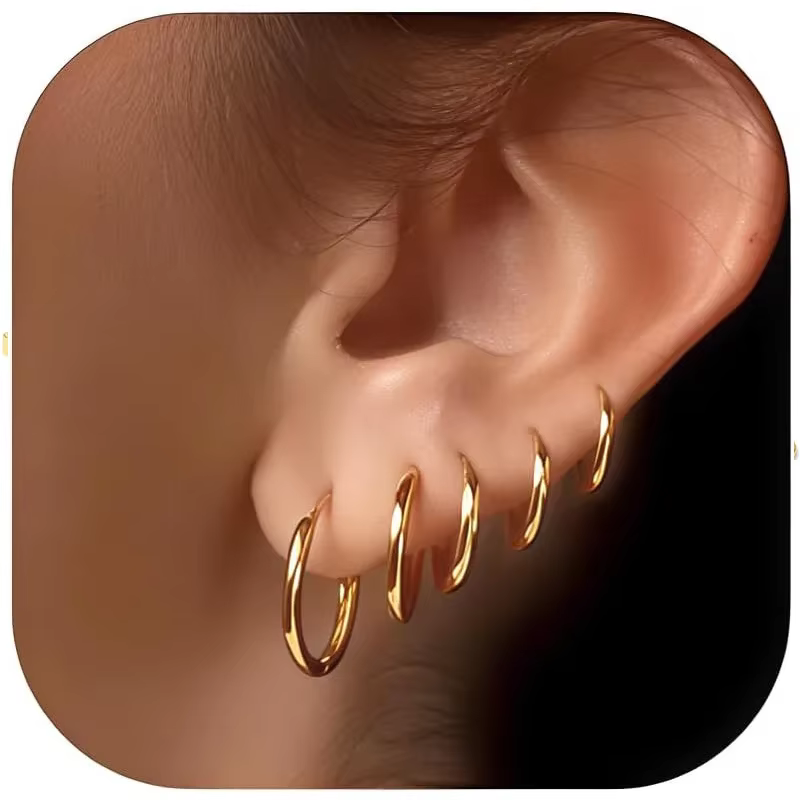 5 paires de boucles d'oreilles Huggie créoles plaquées or 14 carats pour femmes
