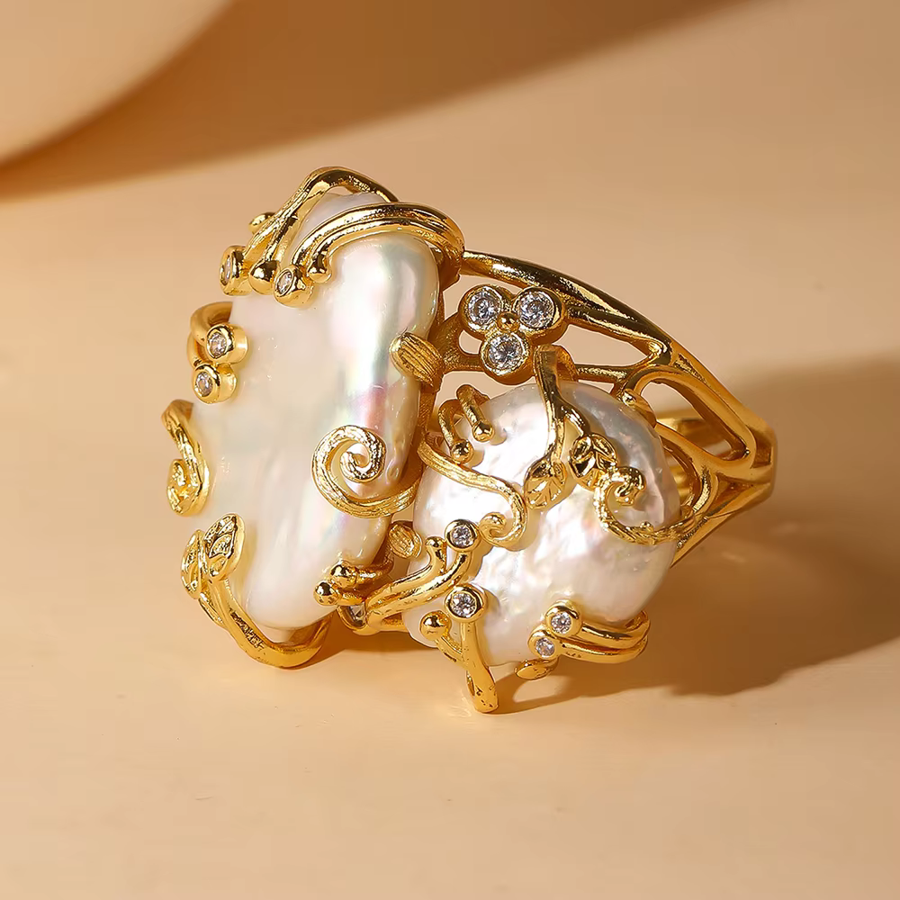 Bague en perles d'eau douce naturelles plaquées or 18 carats pour femmes