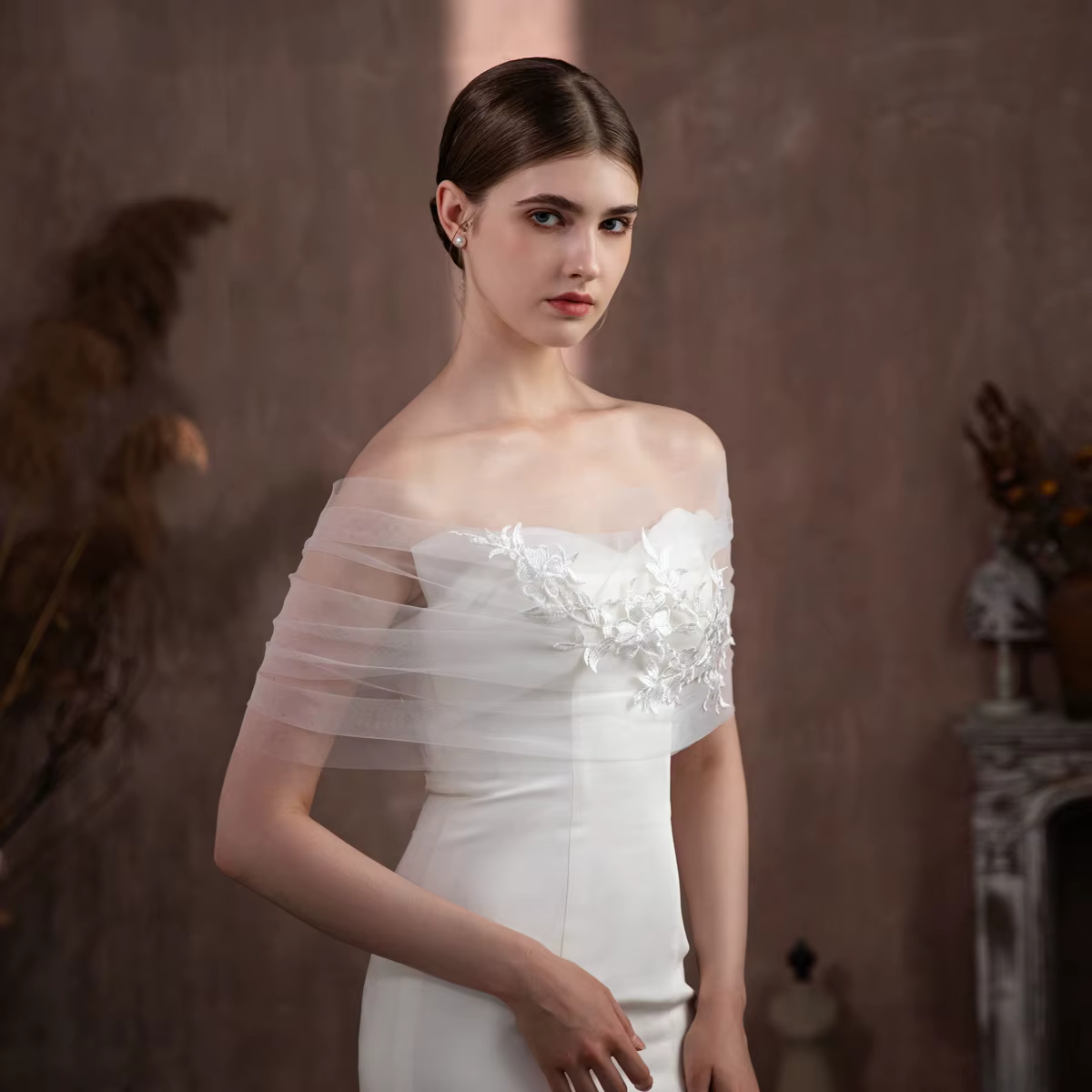 SLBRIDAL Élégant châle de mariée blanc en dentelle à fleurs
