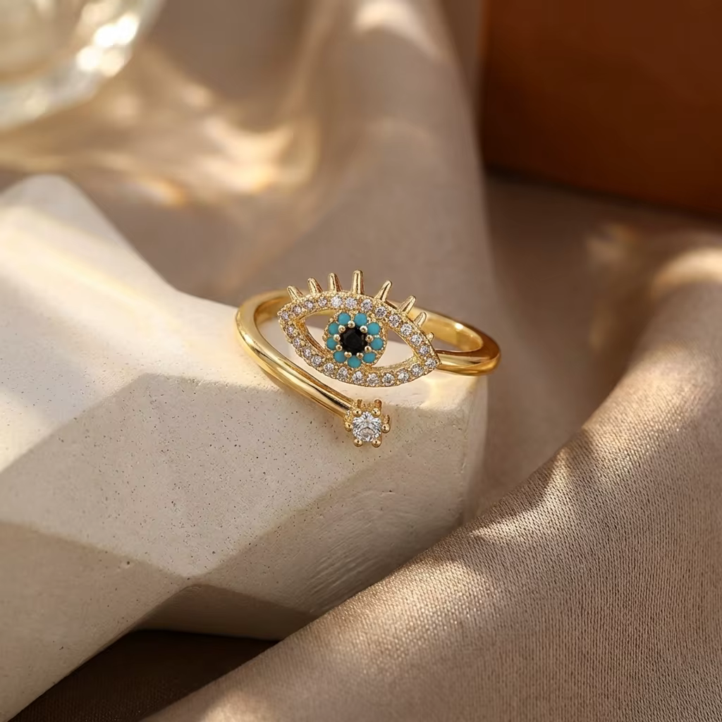 Bague ouverte en laiton avec zircon cubique et œil turc porte-bonheur pour femme