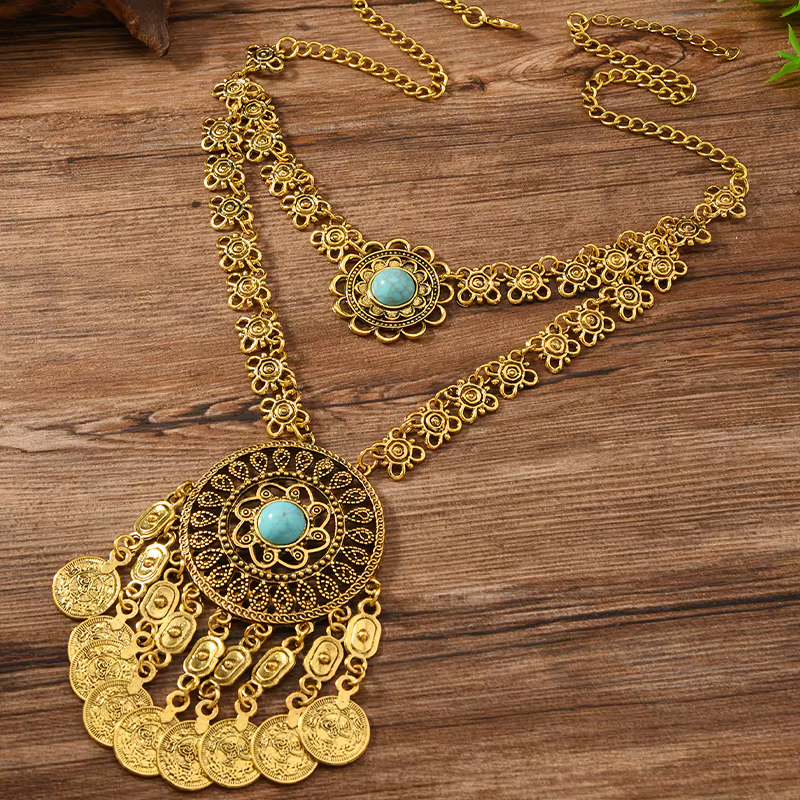 Collier ethnique en forme de pièce de monnaie Turquoise