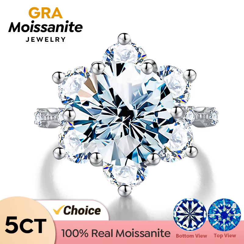 GRA 100% réel 5CT grand diamant Moissanite classique tournesol bague pour les femmes cadeau 925 en argent Sterling de mariage de luxe bijoux fins