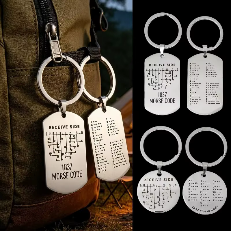 Porte-clés double face en acier inoxydable avec code Morse pour chien