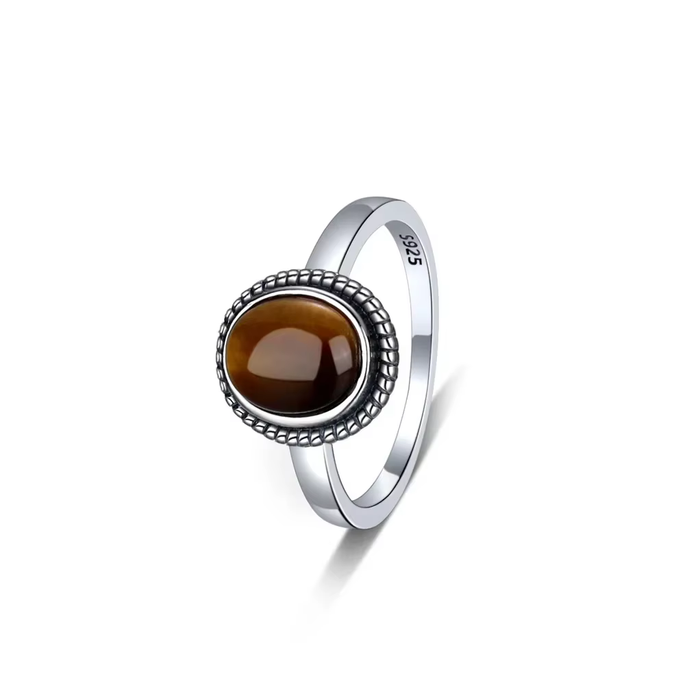 Bijoux en argent, anneaux simples en œil de tigre ovale 8x10MM