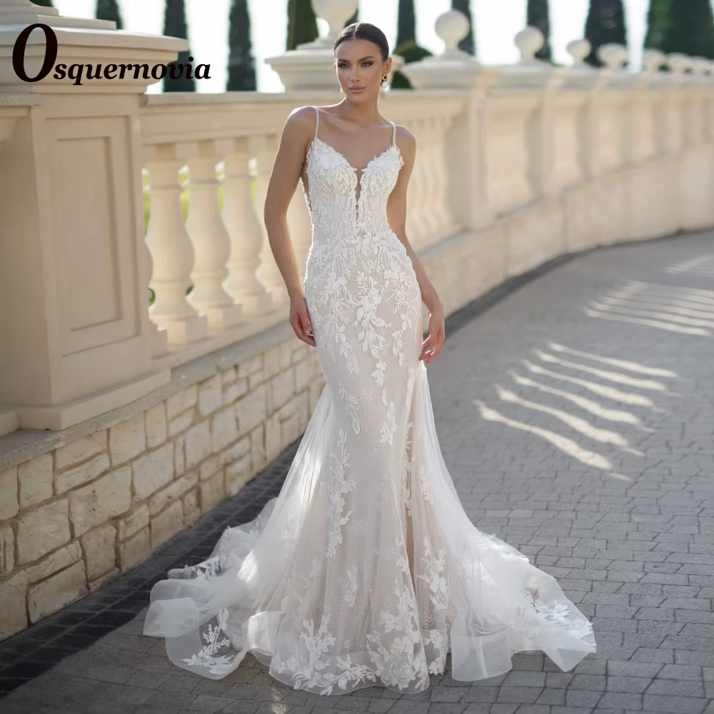 Osquernovia robes de mariée charmantes pour Mariages Appliques bouton bretelles Spaghetti sirène Tulle Suknia Slubna personnalisé
