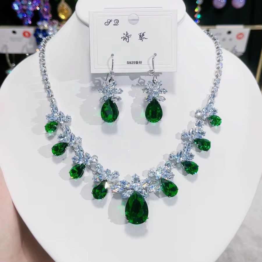 Collier et boucles d'oreilles en Zircon coloré pour femmes, à la mode, 2024