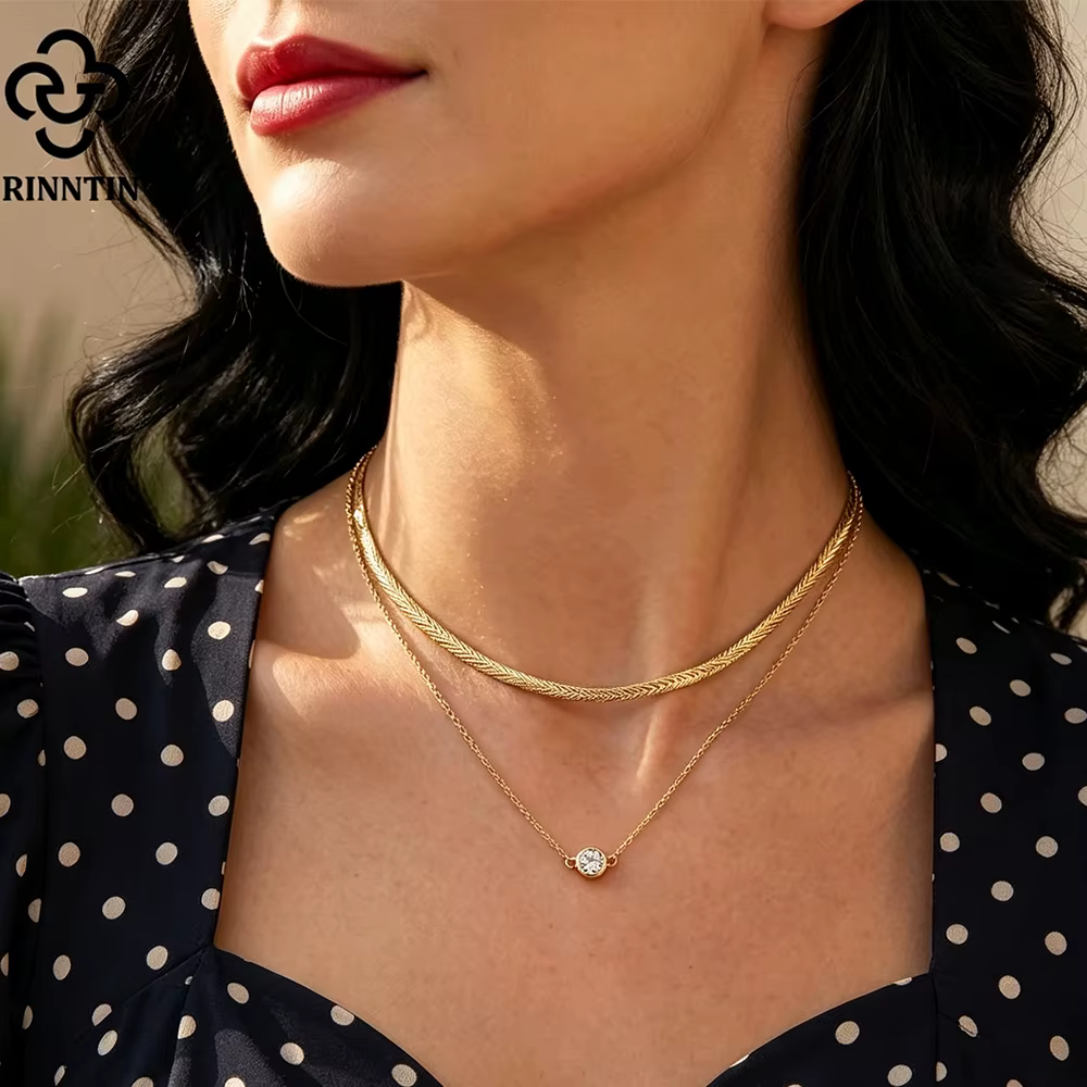 Collier ras du cou superposé élégant en argent sterling 925 Rinntin pour femme