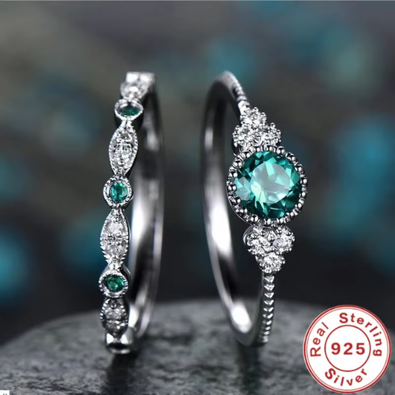 Ensemble de bagues en argent Sterling 925 avec cristaux de Zircon émeraude pour femmes