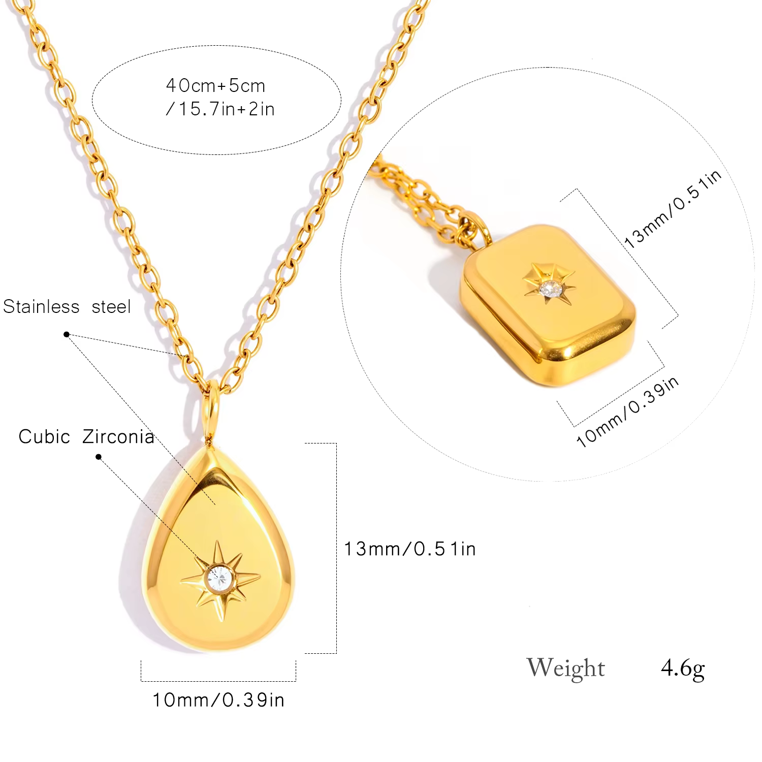 Collier exquis avec pendentif briolette et carré pour femme | Chaîne plaquée or 18 carats en acier inoxydable poli