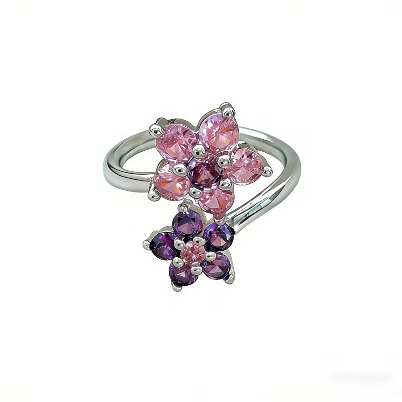 Bague double fleur rose en zircon pour femme