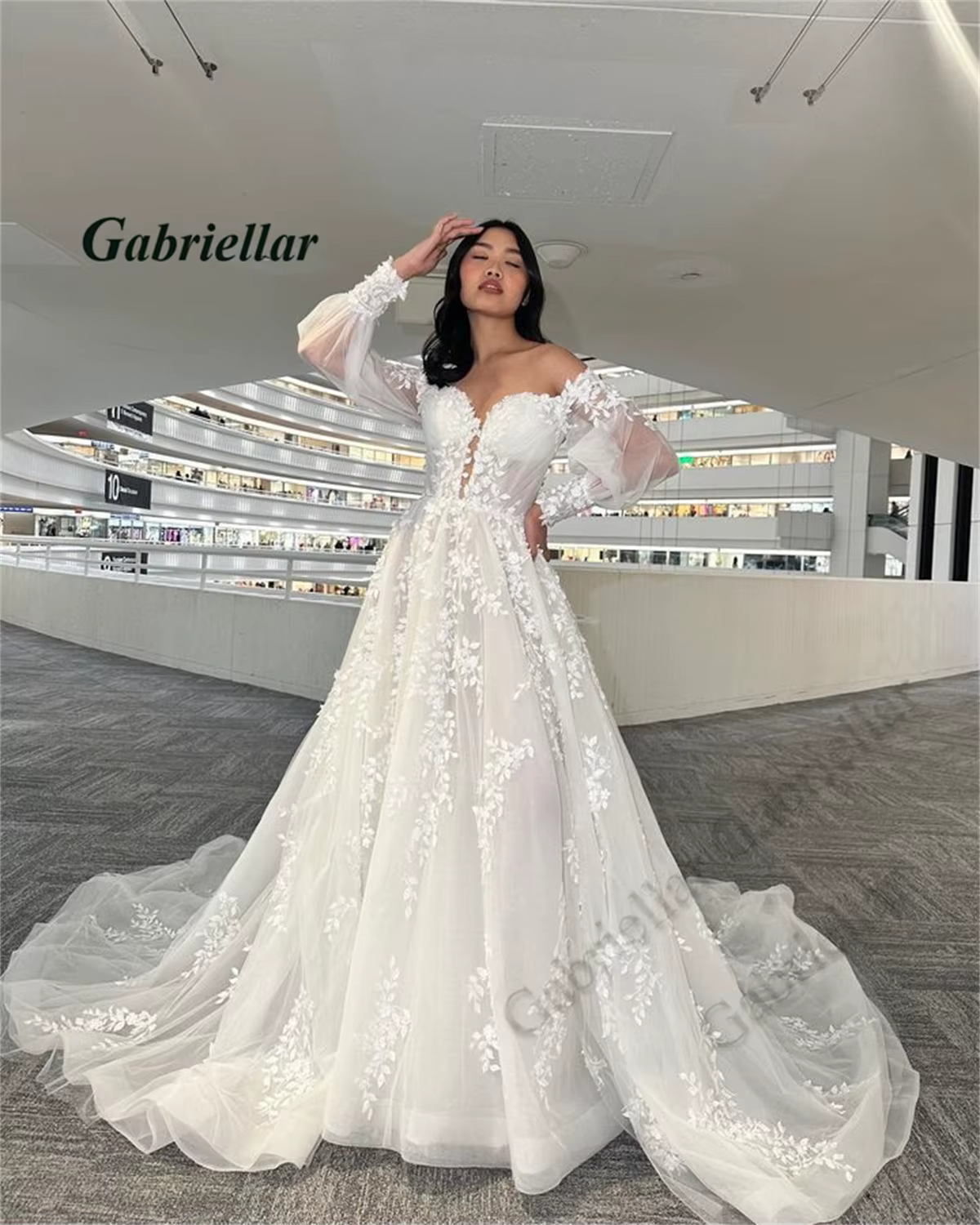 Gabriellar glamour chérie robes De mariée avec manches lanterne a-ligne chapelle Train Brudekjole