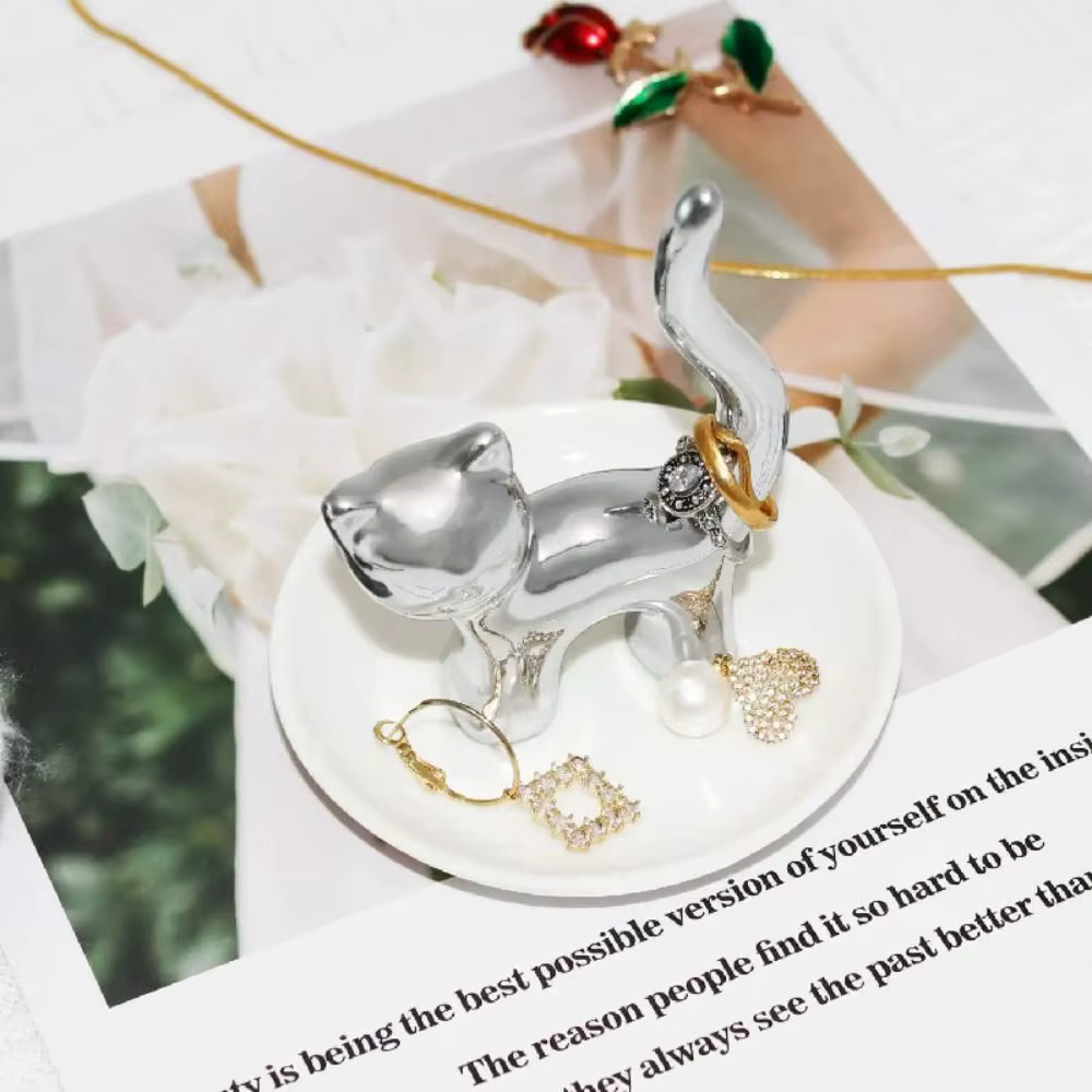 Nouveau porte-anneau de chat en céramique or argent présentoir de bijoux support