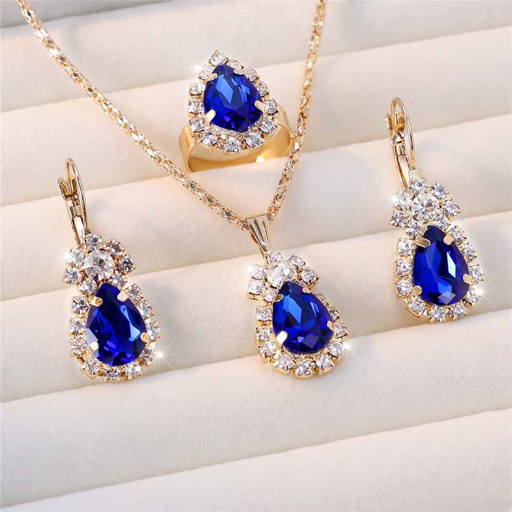Ensemble de bijoux de mariage goutte d'eau bleue pour femmes de luxe