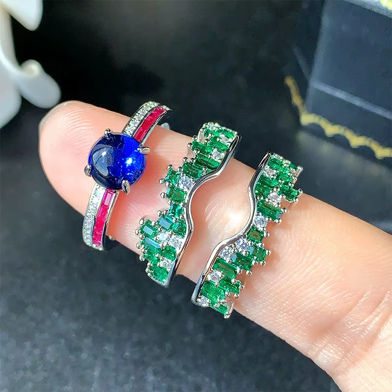 KQDANCE Vintage créé bleu saphir rouge rubis vert émeraude pierres précieuses anneaux deux pièces ensemble de bagues pour les femmes fête pierre bijoux