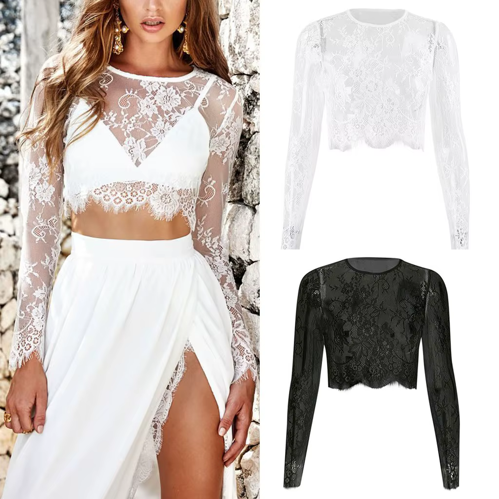 T-shirt court en dentelle transparente pour femme