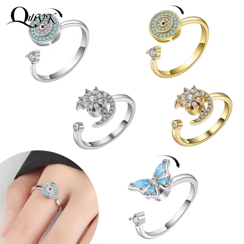 Bague anti-anlande Fidget Spinner pour femme, bijoux de mariage, cristal multiple, fleur, œil, papillon, animal, rotation, anti-souligné