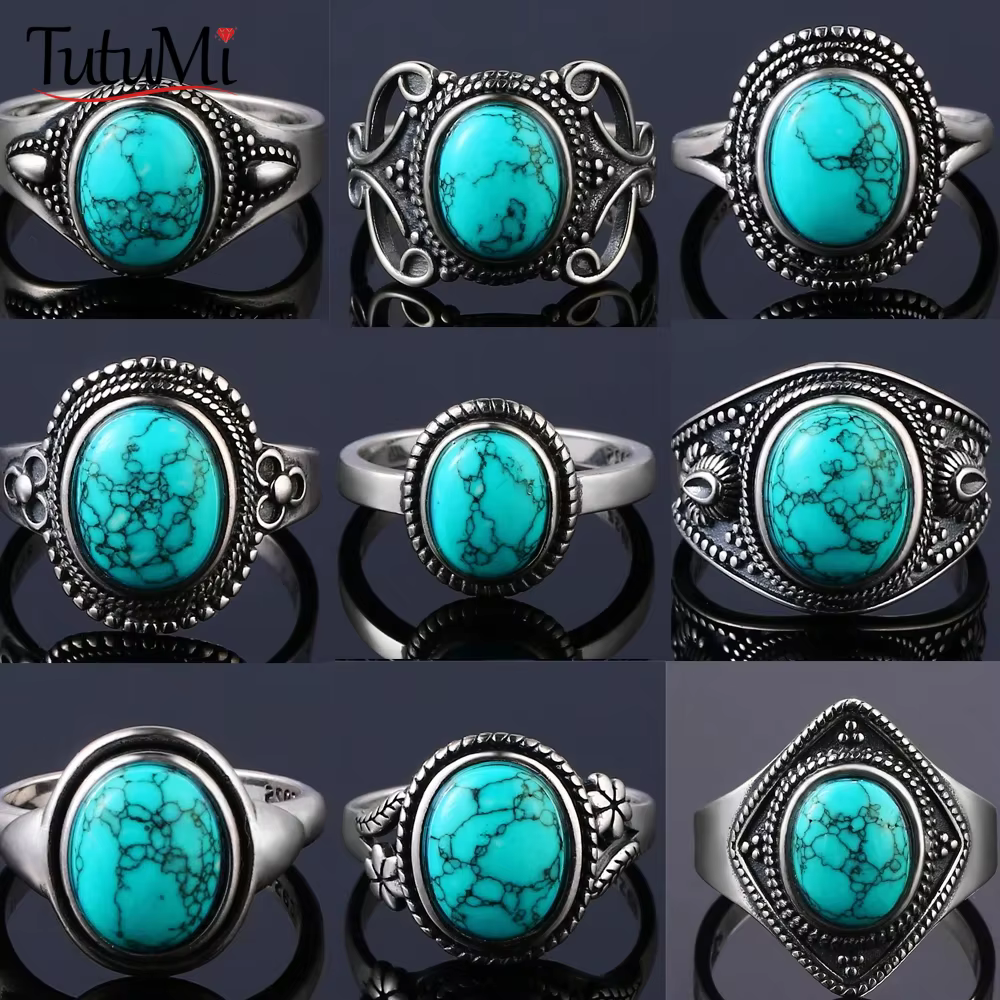 Bague Vintage en argent Sterling S925 avec pierre Turquoise naturelle