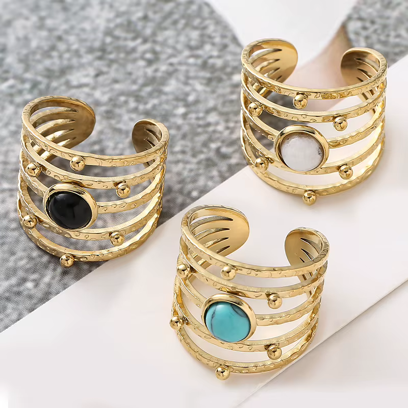 Bague ouverte en pierre naturelle creuse Boho pour femme