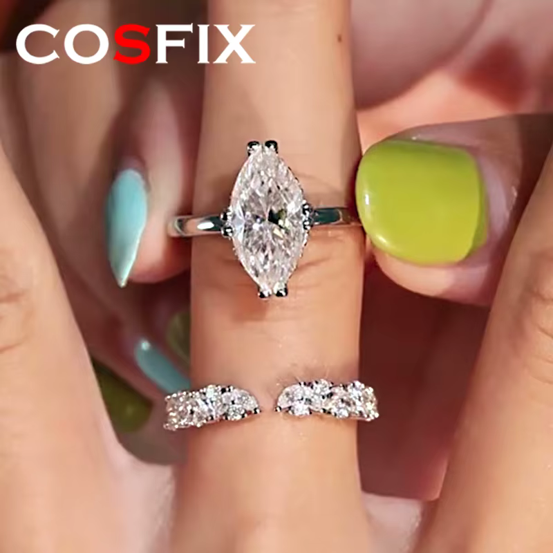 Femmes Moissanite bague s925 argent Marquise coupe Moissanite anneaux pour femmes de luxe coupe ronde femmes pleine Moissanite anneaux