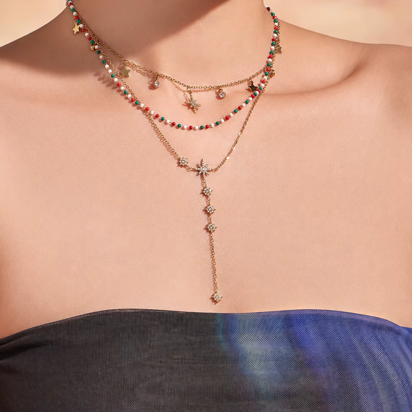 Collier Zircon North Star Y avec perles émaillées empilables