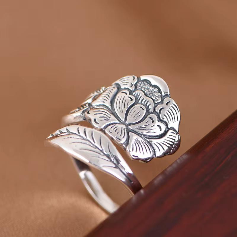 Buyee 925 en argent Sterling grand anneau doigt pivoine