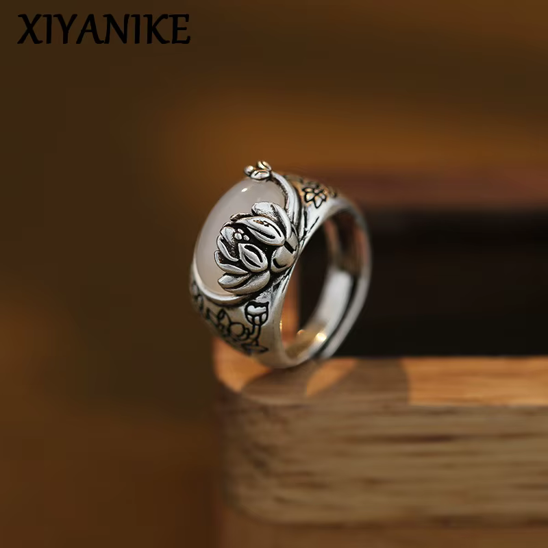 XIYANIKE ethnique thaïlandaise argent Lotus pierre manchette bagues pour femmes fille Vintage mode nouveaux bijoux cadeau fête anillos mujer