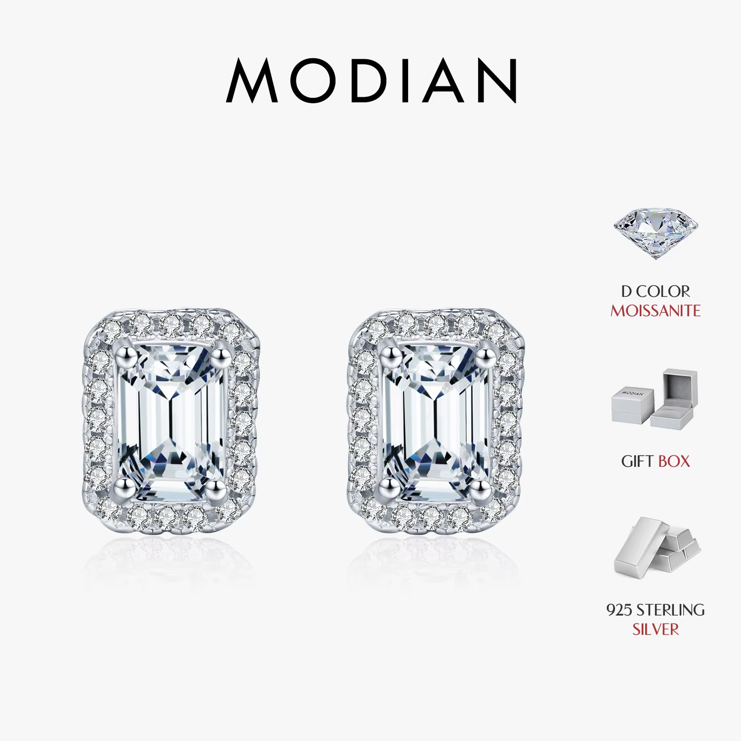 MODIAN Boucles d'oreilles en moissanite taille émeraude en argent sterling 925, boucles d'oreilles halo classiques de luxe pour femmes, bijoux fins de mariage, cadeau