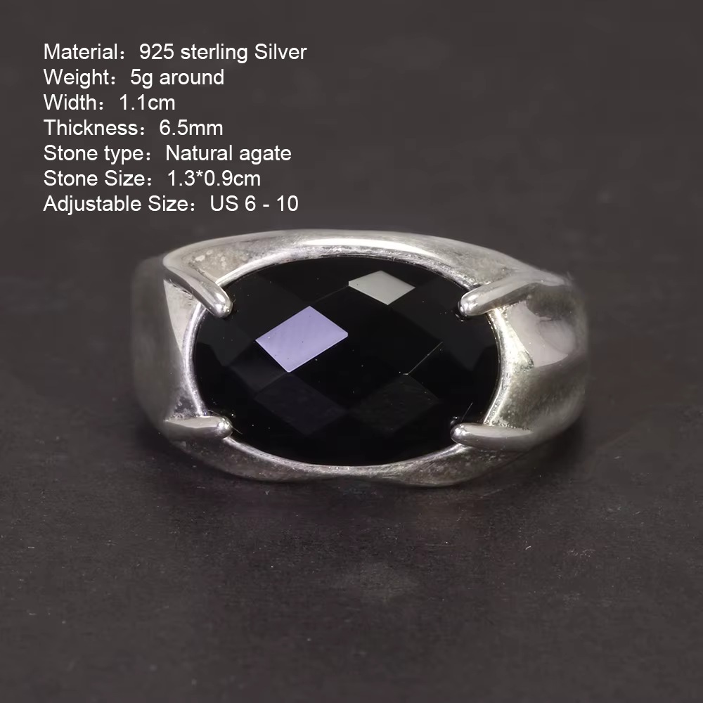 Group Pur 925 Bague En Argent Femmes et Hommes Pierre Naturelle Agate Noire Ovale À Facettes US6-10 Réglable Fine Jewelry