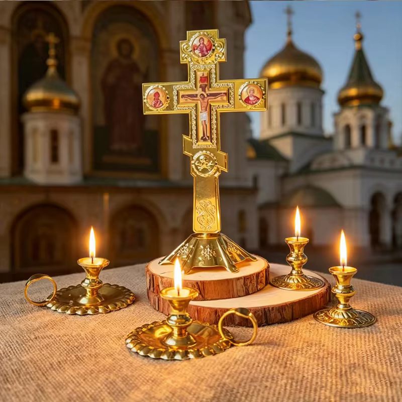 Nouvelle croix orthodoxe artisanale plaquée or avec icônes saintes et base pour la liturgie de l'église