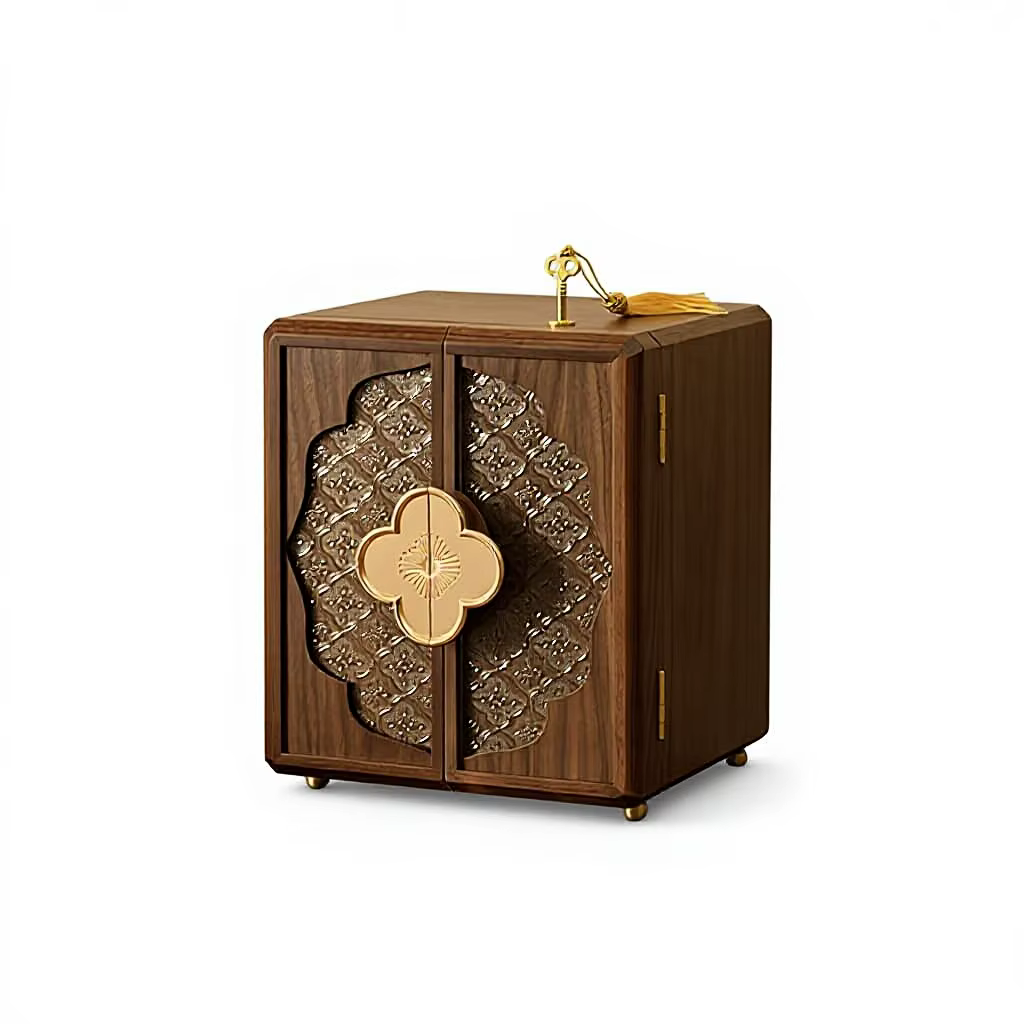 Boîte à bijoux antique en noyer avec serrure