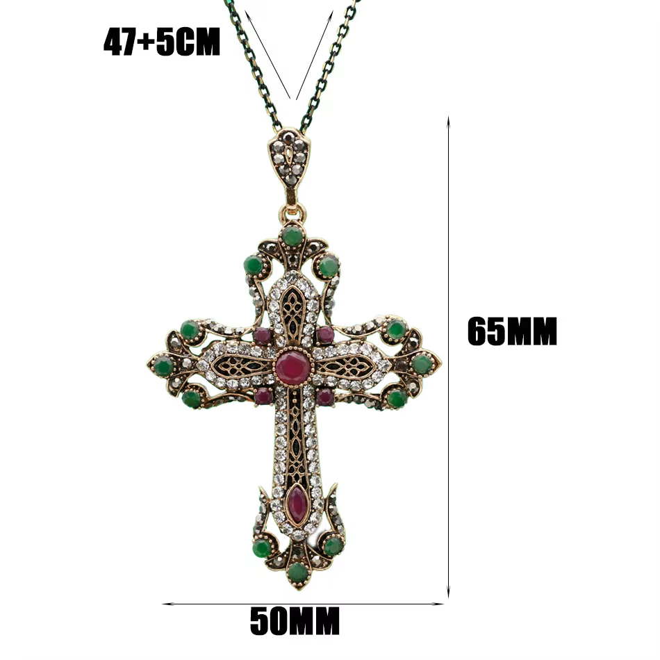 Neovisson Ethnic Jewelry Flower Cross Necklace Antique Gold Color Resin Ladies Favorite Gift Wedding