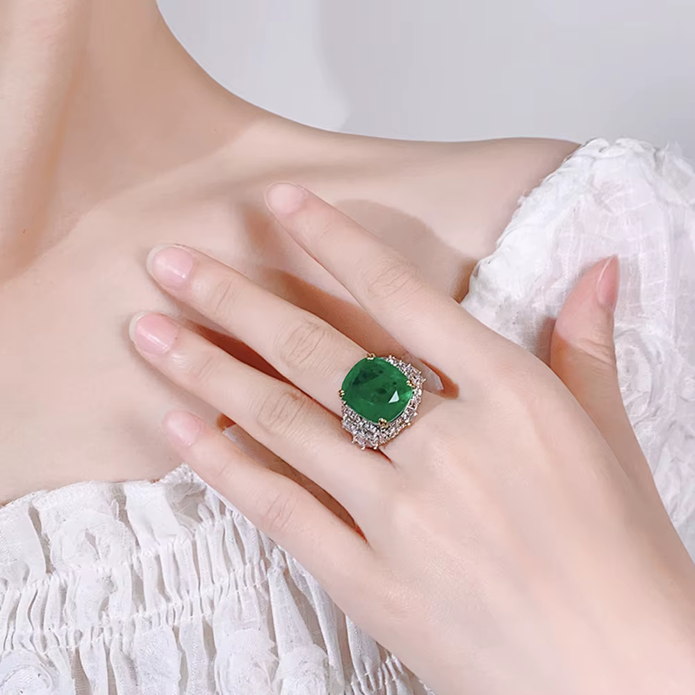 Vinregem – bague réglable Vintage pour femmes, émeraude et saphir créés en laboratoire, diamants à haute teneur en carbone, bijoux fins, vente en gros, 16x14 MM