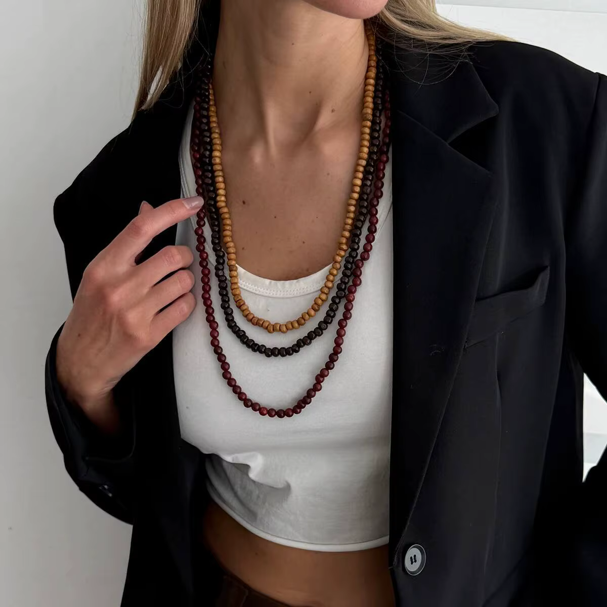 Salircon Collier ras du cou bohémien multicouche en perles de bois pour femmes