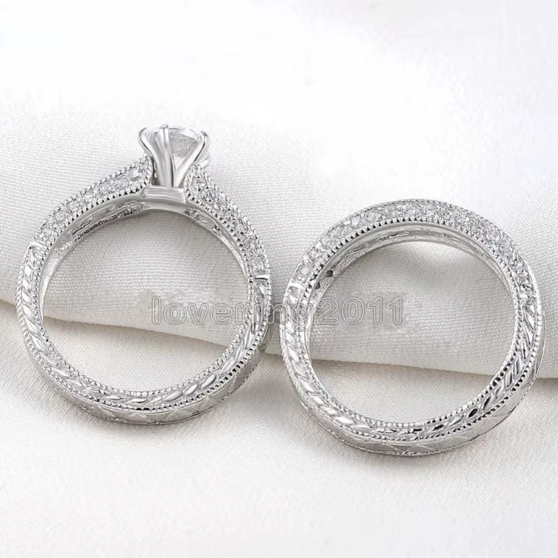 Ensemble de bagues de promesse en diamant de laboratoire Vintage en or blanc 14K