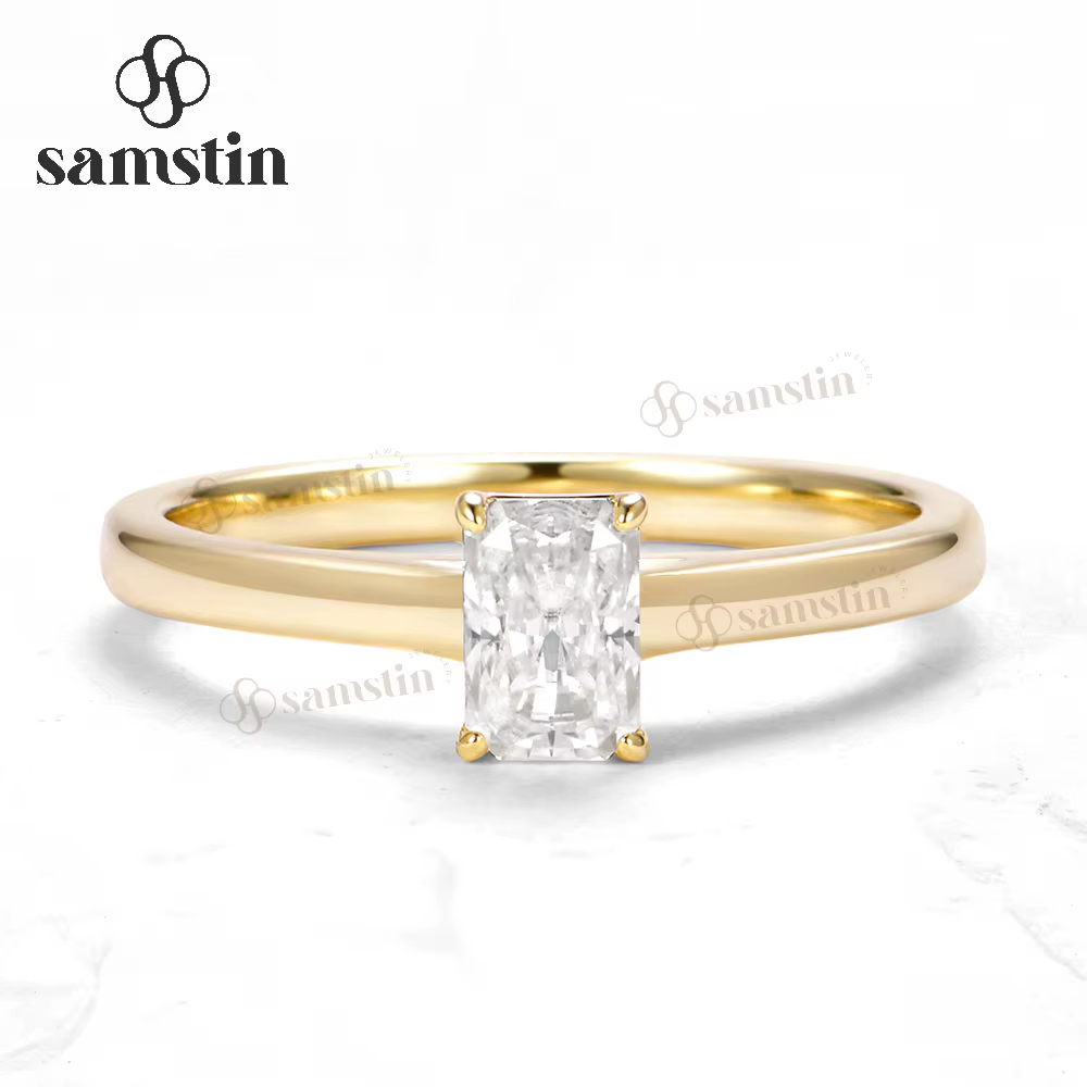 Bague Samstin en or jaune massif 14K 10K 585 avec diamants de laboratoire NGIC taille radiant 0