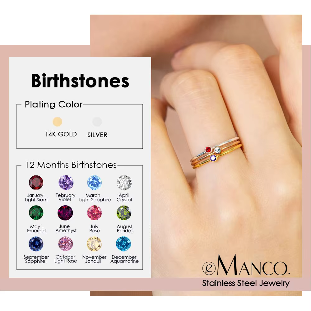 EManco – bague en acier inoxydable avec pierre de naissance