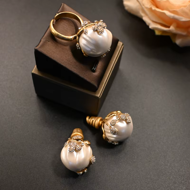 KEQIU – bague en laiton vintage sertie d'un clou de bourgeon de fleur de perle baroque haut de gamme