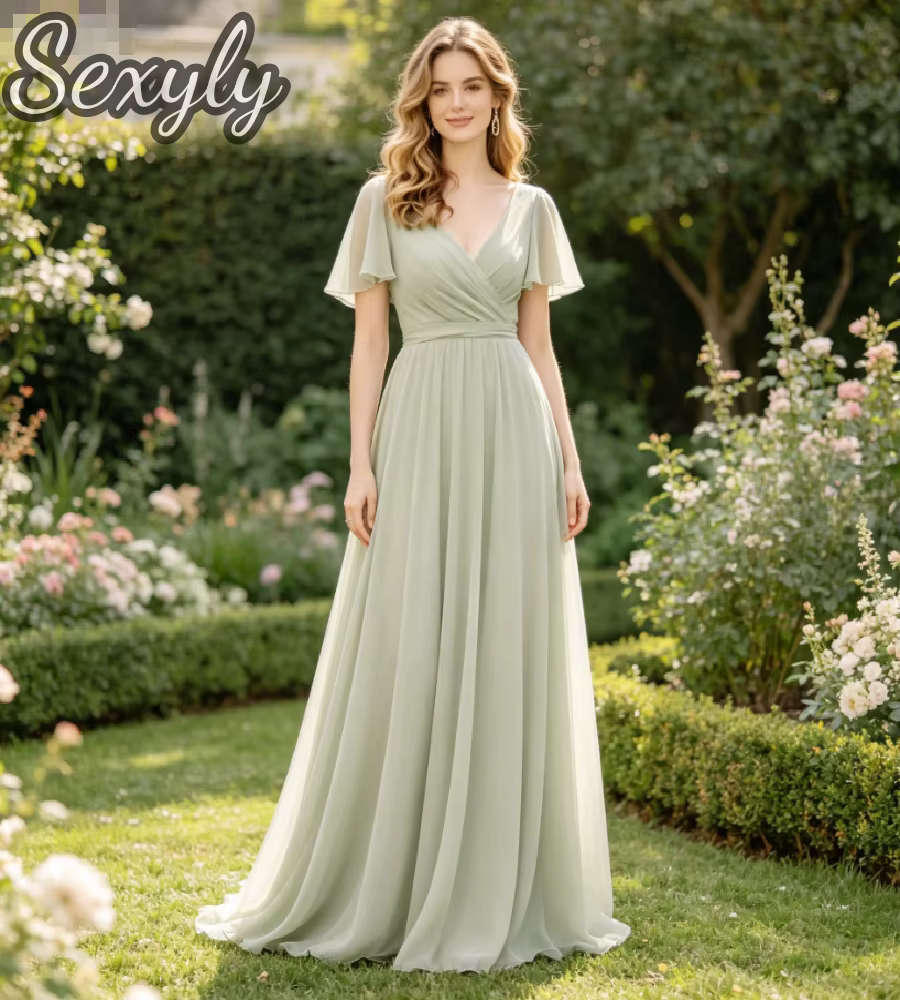 Robe de Demoiselle d'Honneur en Chiffon Vert Sauge