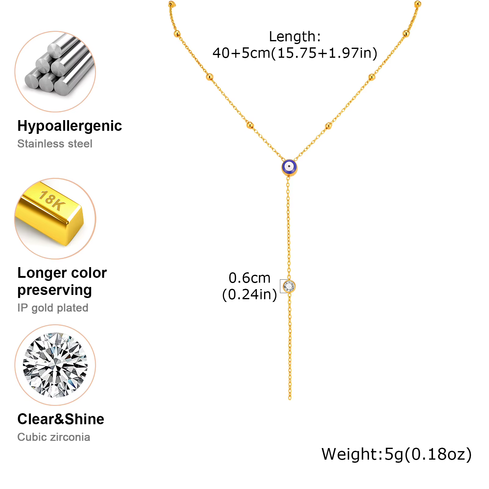 Collier Y Œil Turc en Acier Inoxydable Plaqué Or