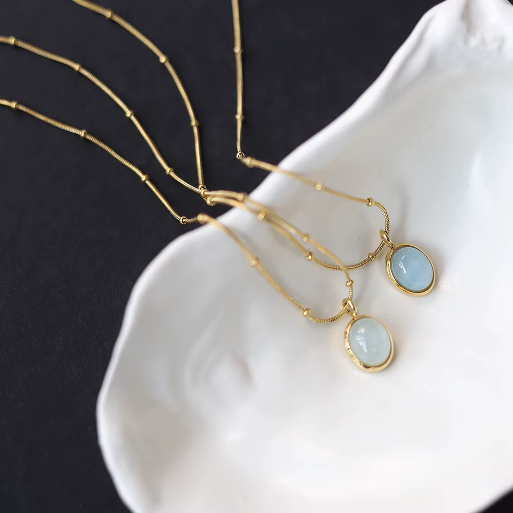Amaiyllis naturel aigue-marine pierre ovale pendentif collier minimaliste délicat