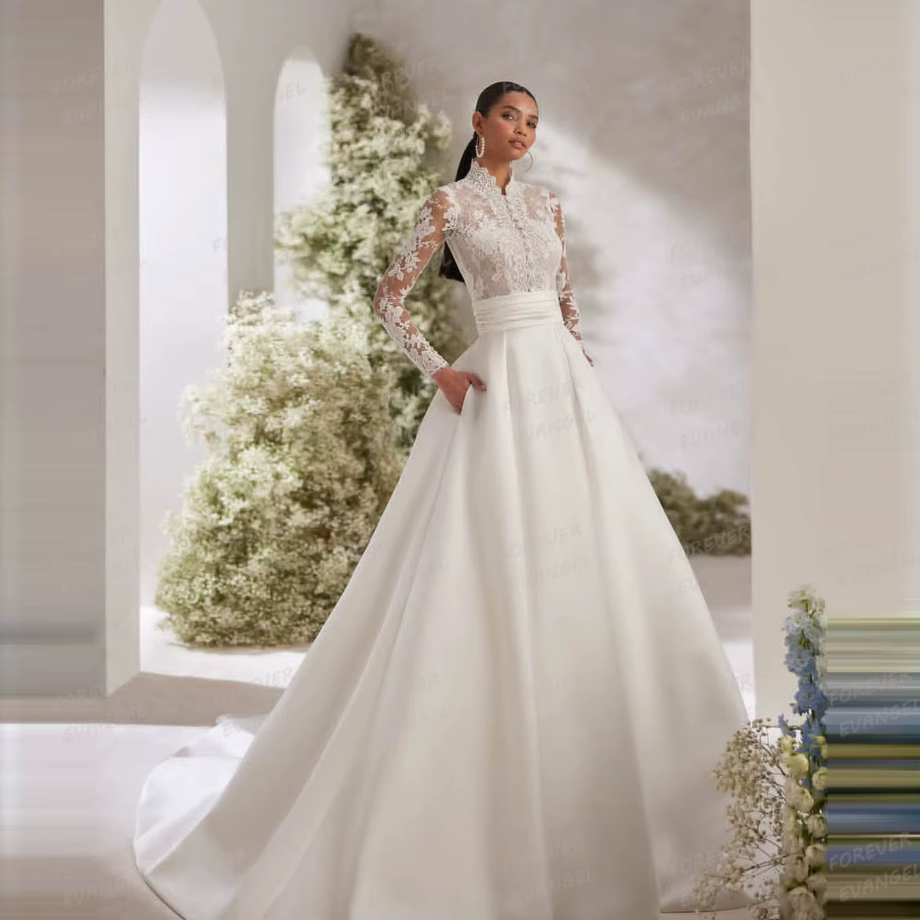 Classique Boho une ligne robes De mariée femme à manches longues Appliques Satin formelle